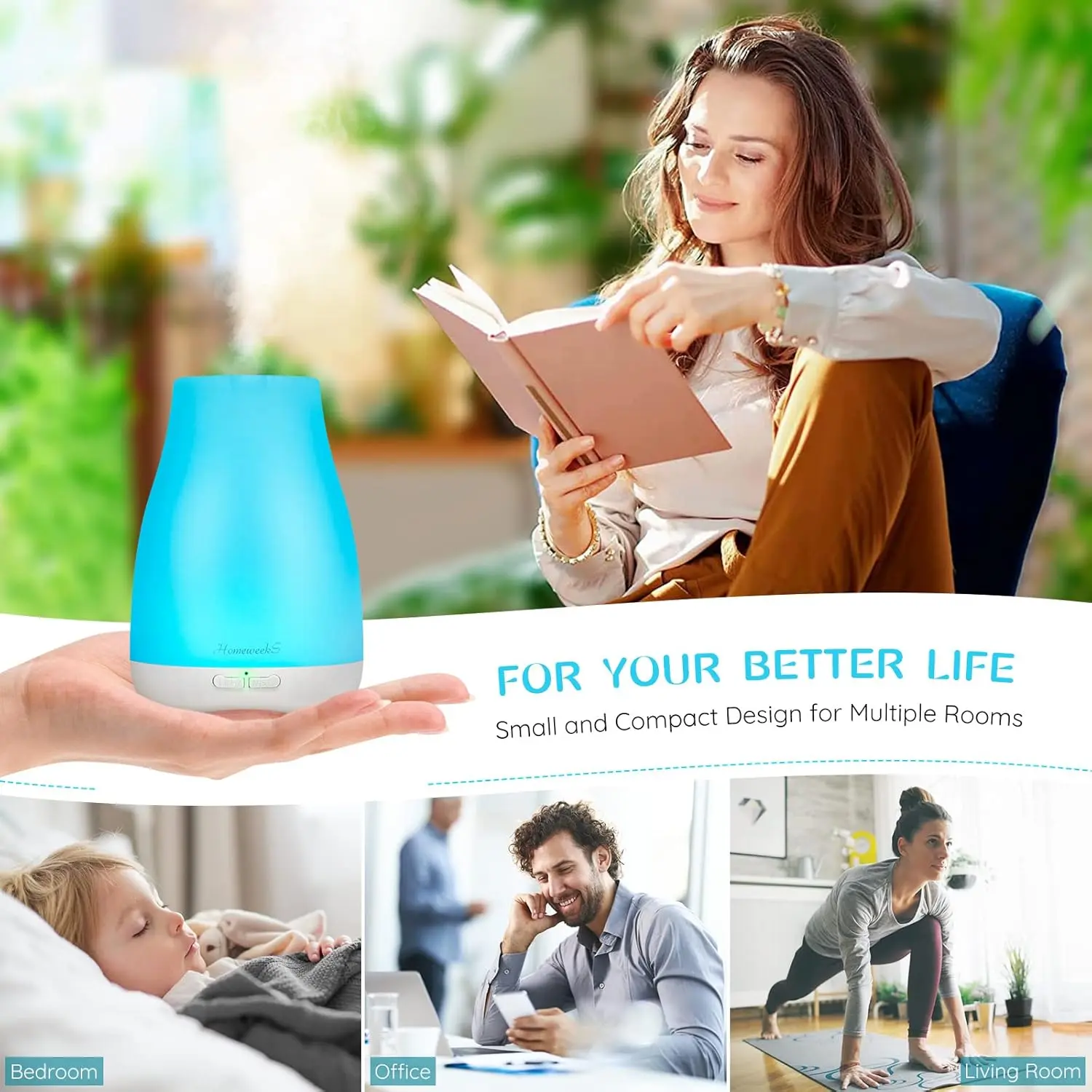 Homeweeks 100ml Aromatherapy Essential Oil Diffuser - Colorful, Adjustable Mist Mode, Auto-Off, Ultra Compact, Trip Ready for Bedroom Office (1 Pack)