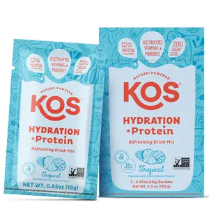 KOS Hydration + Protein Drink Mix - Tropical Flavor, 12g Protein, 1000+mg Electrolytes, Sugar-Free, Low Calorie, Sport Beverage, 7 Single-Serving Packets
