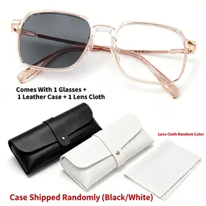 2 In 1 Photochromic Square Glasses For Women, Transparent Pink Frame Auto Transition UV Protection Plano Eyeglasses, Fashion Lightweight Daily Driving Sunglasses Set With Random Leather Case & Lens Cloth