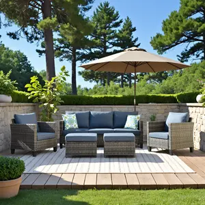 XIZZI Outdoor 5 PCS Conservation Wicker Set Patio Couch with 3-Seat All Weather Rattan High-Back Sofa Ottomans & Comfy Cushions for Deck Garden