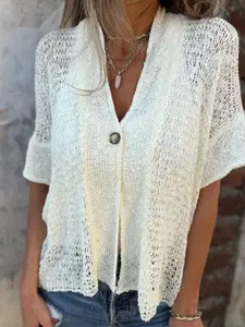 Boho Street Style V-Neck Knit Cardigan, Loose Fit Short Sleeve Mesh Top, Breathable Casual Wear for Daily Office, Beach, Music Festivals