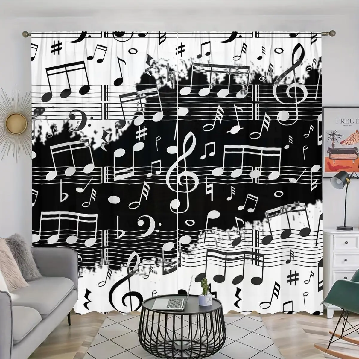 Music Note Pattern Curtain, Modern Simple Semi-blackout Curtain, Window Drapes for Home Living Room Bedroom Study Room Decor, Window Curtains