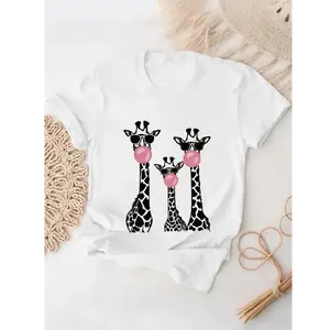 Funny Graphic Tee, Cute Giraffe Bubblegum Shirt, Casual Animal Print Top, Trendy Summer Outfit for Women