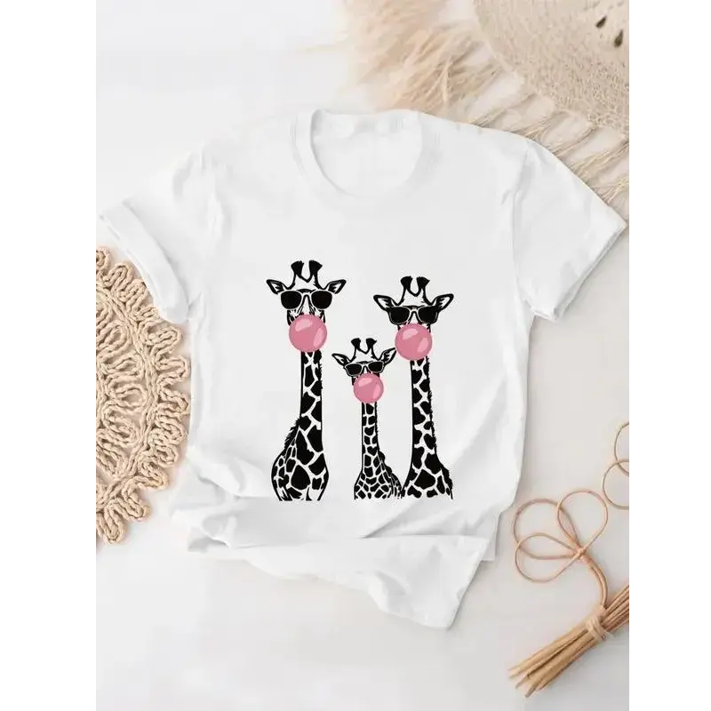 Funny Graphic Tee, Cute Giraffe Bubblegum Shirt, Casual Animal Print Top, Trendy Summer Outfit for Women