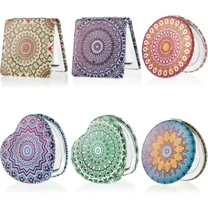 Mandala Design Pocket Mirror Mini Travel Makeup Purse Compact Accessories Beauty Magnifying Double Sides Pocket Mirror Portable Handheld Folding PU Leather Supply for Women(6 Pieces)