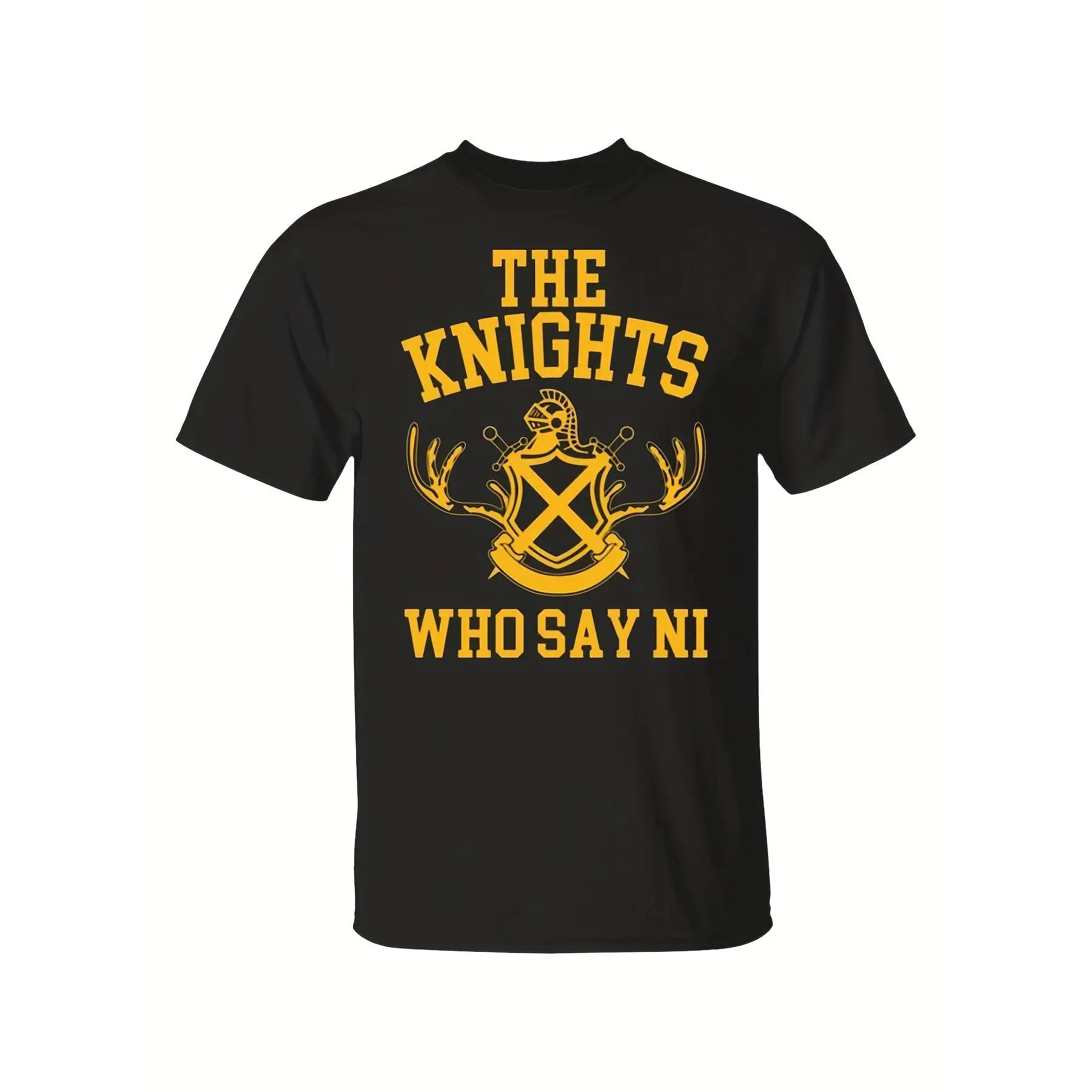 Men's "The Knights Who Say Ni" Graphic Tee - Monty Python Inspired, Black Cotton T-Shirt with Sword and Shield Design, Short Sleeve, Casual Fit, Casual Wear|Bold Print Top|Stretchy Fabric