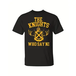 Men's "The Knights Who Say Ni" Graphic Tee - Monty Python Inspired, Black Cotton T-Shirt with Sword and Shield Design, Short Sleeve, Casual Fit, Casual Wear|Bold Print Top|Stretchy Fabric