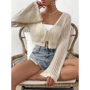 [LTO]Women'S Plain Hollow Out Tie Front Crop Cardigan, Casual Flounce Sleeve V Neck Cover Up Knitwear For Spring & Fall, Summer Outfits 2024, Women'S Knit Clothing For Daily Wear Knitting Womenswear