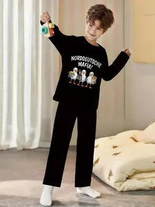 Fun Seagull Interesting 2-Piece Boys' Digital Printed Long-Sleeve Pajamas with Extended Sleep Pants, Flame-Retardant Fabric, Stylish, Trendy, Casual, Comfortable and Soft Pajama Set, Suitable for Sleeping and Home Leisure, 100% Polyester, Ideal for Boys'