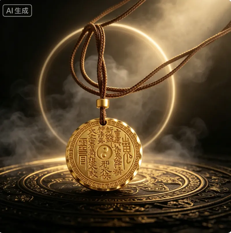 Unisex Taoist Bagua Yin Yang Gold Pendant Necklace, Corded Adjustable Spiritual Protection Amulet