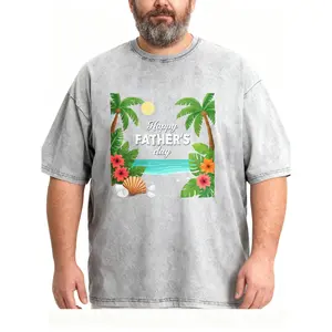 Men's Plus Size Tropical "Happy Father's Day" Washed T-Shirt, Beach Themed Short Sleeve Tee