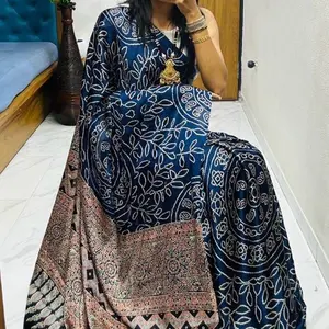 PURE AJRAKH SATIN PRINT SAREE WITH BLOUSE PIECES PURE AJRAKH SATIN PRINT SAREE WITH BLOUSE PIECES