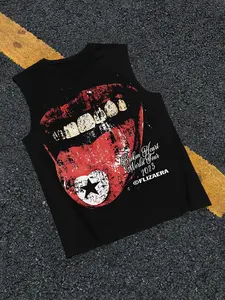 Men's Street Style American Graphic Print Vest for Summer, Fitted Casual Sleeveless Top for Both Genders, Lightweight Thin Knitted Fabric Apparel Garment