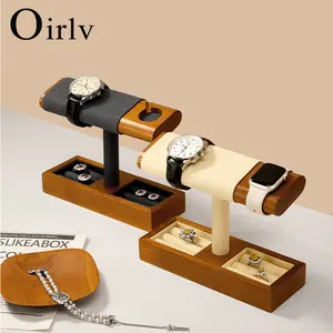 Oirlv Luxury Smart Watch Display Stand with Charging Slot Solid Wood Watch Storage Display Stand for Family Gifts Beige Gray