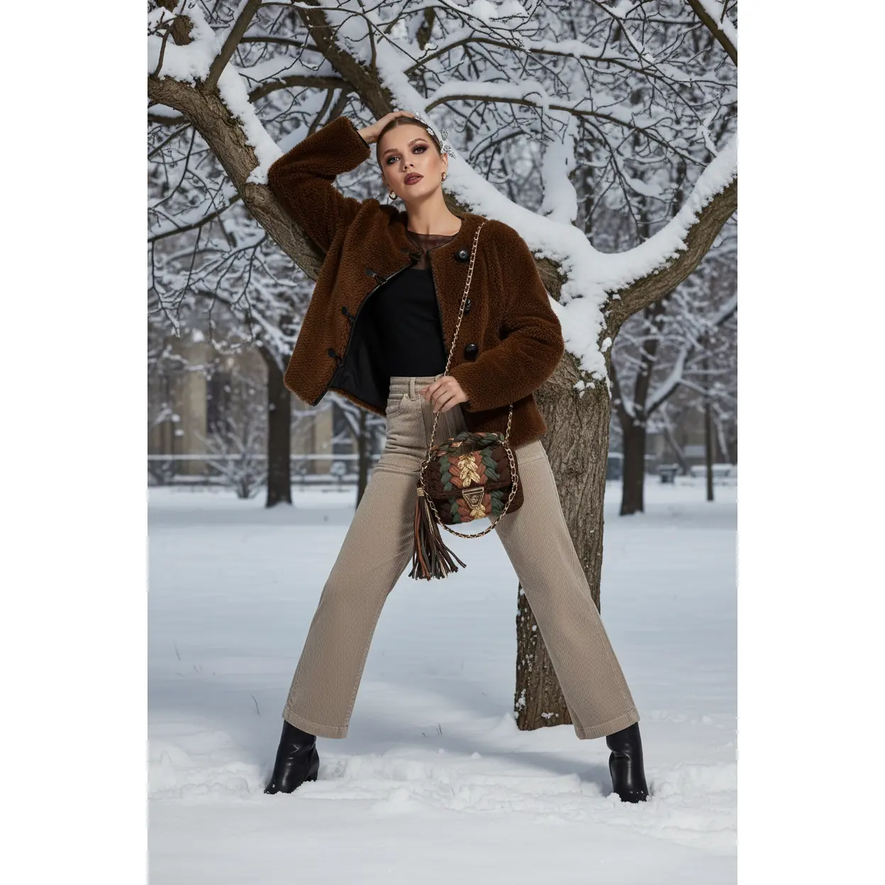 Crew Neck Toggle Button Faux Fur Jacket