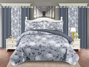 Surprise! 9-piece home decor set (various patterns available): bedspread 1 + printed pillowcases 2 + curtains 6 (printed ×2, solid color ×4), all-season, suitable for home decoration, making the bedroom more beautiful