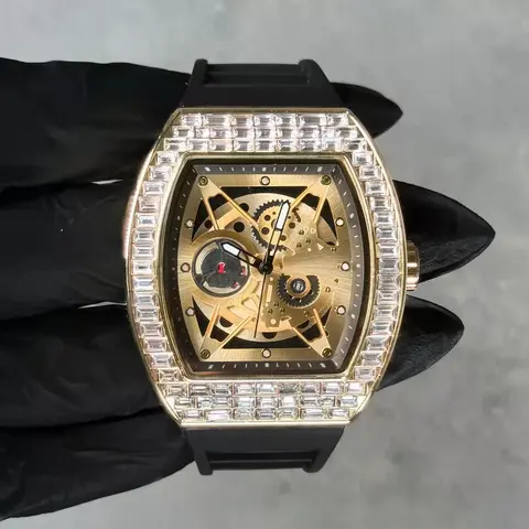 MaxBling81 Men's Iced Baguette Stone Hip Hop Jewelry Watch - Square, Luxury Quartz, Japanese Movement, Waterproof Silicone Band, Crystal-Embellished Fashion Accessory