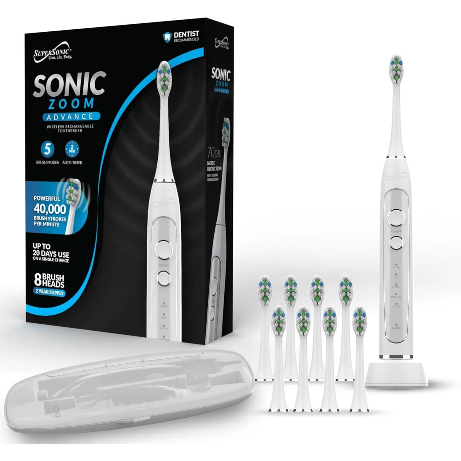 Supersonic TB-5100 Cordless Oral Sonic Whitening Electric Toothbrush for Youth, 40,000 VPM, 5 Modes, 8 DuPont Heads, Rechargeable IPX7 Waterproof, Wireless Charger Base, Travel Set with Timer & Case, Fastcharging, Whitening Mode