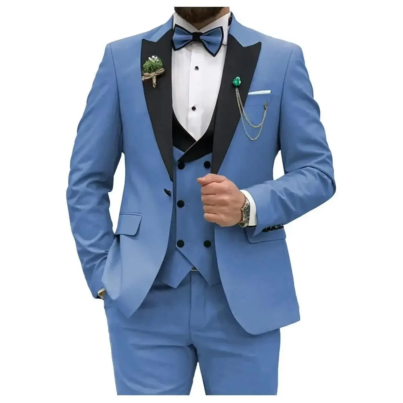 Blue Men Suits Slim Fit 3 Piece Double Breasted Suit Men Wedding Prom Party Business(Blazer + Vest + Pants) Wedding Suits for Men