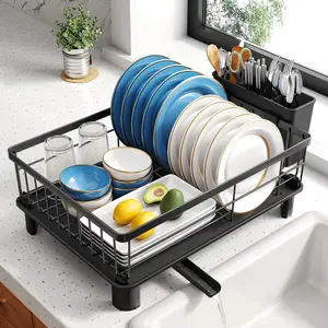 Dish Drying Rack - Space-Saving Dish Rack for Kitchen Counter, Stainless Steel Dish Drainer with Utensil Holder and Drainboard, 11" W x 15" L (Black)