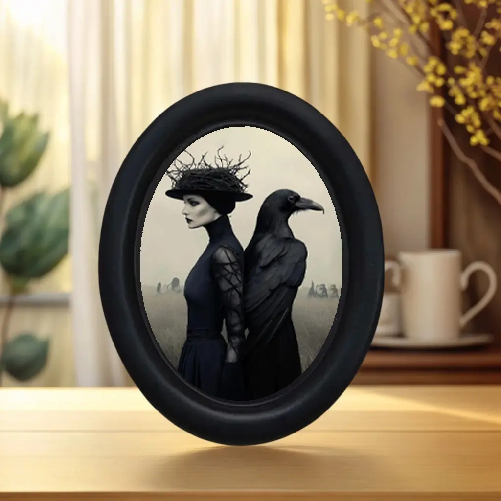 Vintage Victorian Woman with Raven Wall Art Pictures, Classic Prints, Spooky Halloween Gothic Artistic Oval Frame, Dark Theme Home Decor, Gothic Style Wall Decoration