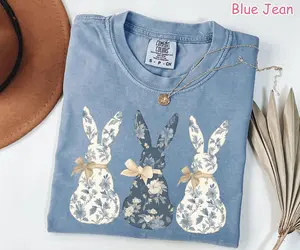 Comfort Colors Floral Bunny TShirt, Coquette Bow Easter Shirt for Women, Cute Bunnies T-Shirt, Trendy Easter Crewneck, Easter Gift for Women
