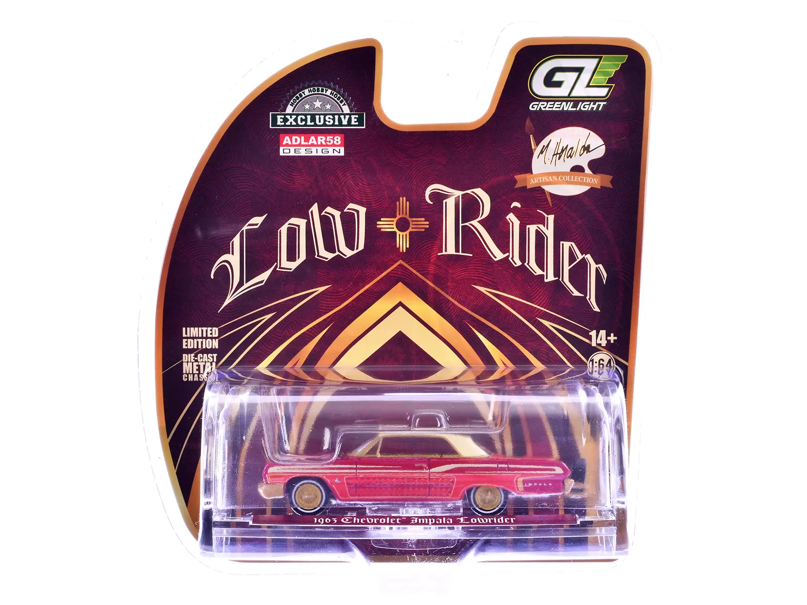 1963 Chevrolet Impala Lowrider Red Metallic with Cream Top and Interior with Gold Graphics 1/64 Diecast Model Car by Greenlight