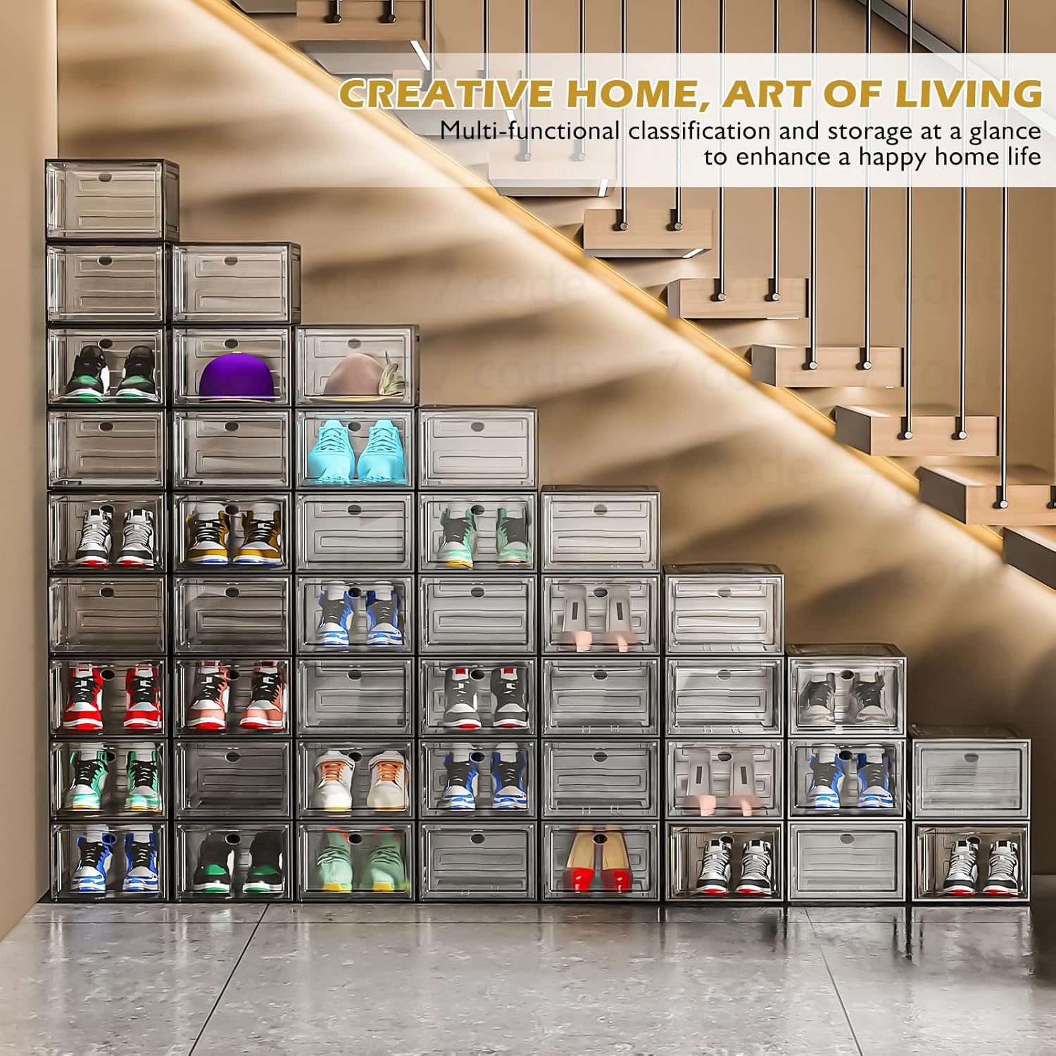 6 Pack Clear Shoe Storage Boxes – Stackable Organizer with Magnetic Door, Foldable Sneaker Boot Storage (Black)