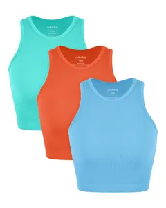 ODODOS 3-Pack Seamless Crop Tank for Women Ribbed Soft High Neck Cropped Tops,No Bra,Cropped Length,Slim-fit