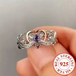 Elegant 925 Sterling Silver Infinity Heart Ring With Purple zirconia Anniversary Engagement Wedding Band, 0.1oz Ring Gift