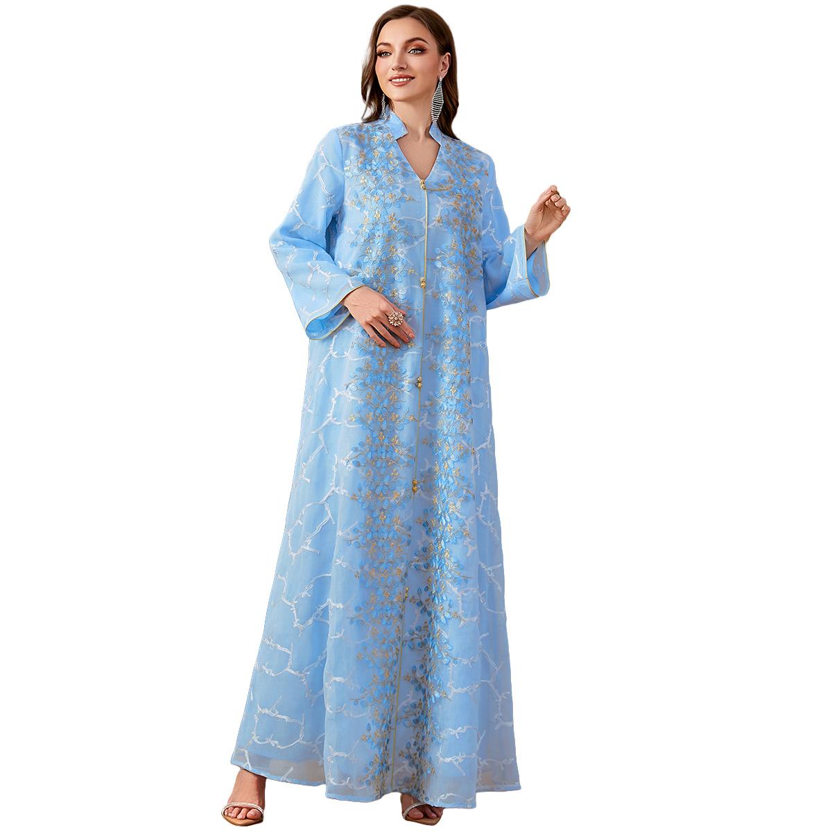 Ramadan Dubai Woman’s Abayas Embroidered Sequin Floral Patter V-Neck Elegant Casual Kebaya Muslim Long Dress