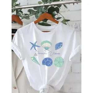 Beach Vibes Seashell Starfish Graphic Tee Womens Casual Summer Short Sleeve Crewneck T Shirt Soft Lightweight Vacation Beach Outfit Cute Trendy Top