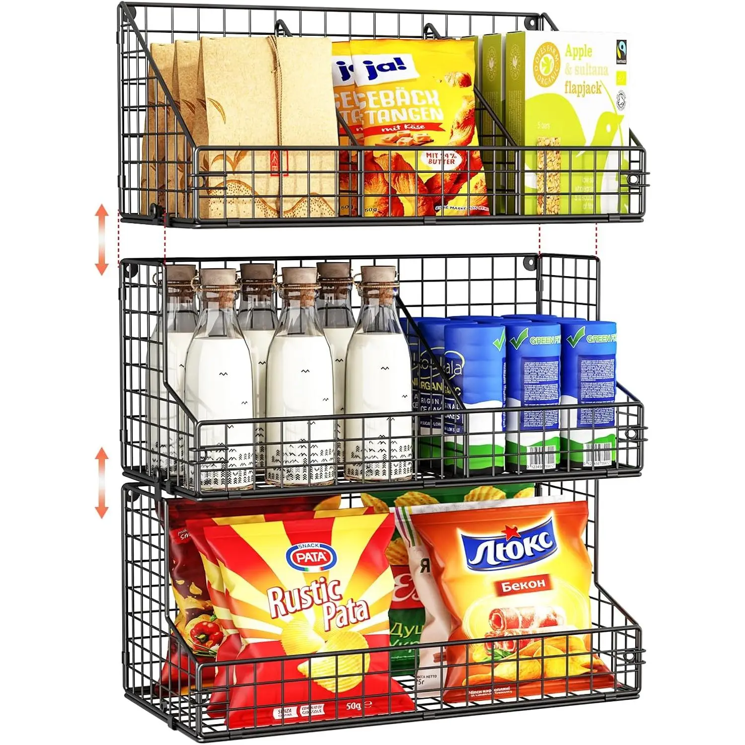 3-Tier Large Stackable Snack Storage Box - Multifunctional Wall-Mounted Wire Storage Basket with Candy Slice Jar Divider - Ideal for Pantry Office Home