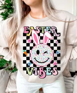 Easter Vibes Smiley Face Sweatshirt, Easter Bunny Shirt, Leopard Smiley Bunny Shirt, Bunny Retro Easter Shirt