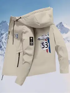Men's Lightweight Windproof Hooded Jacket, Vintage Racing Print, Loose Zip Casual Sport Coat, Winter Outdoor Wear