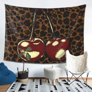 [Tapestry Wall Hanging] Cherry & Leopard Print Tapestry Wall Hanging - Premium Peach Light Beige Fabric, Horizontal Design For Living Room, Bedroom, Office & Party Decor - Perfect Gift For Home & Festive Occasions, Wall Decorations For Home