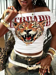 Women's White Off-Shoulder Leopard Head Print Crop Top, Ruched Fitted Animal Graphic Tee, Y2K Streetwear for Casual & Party