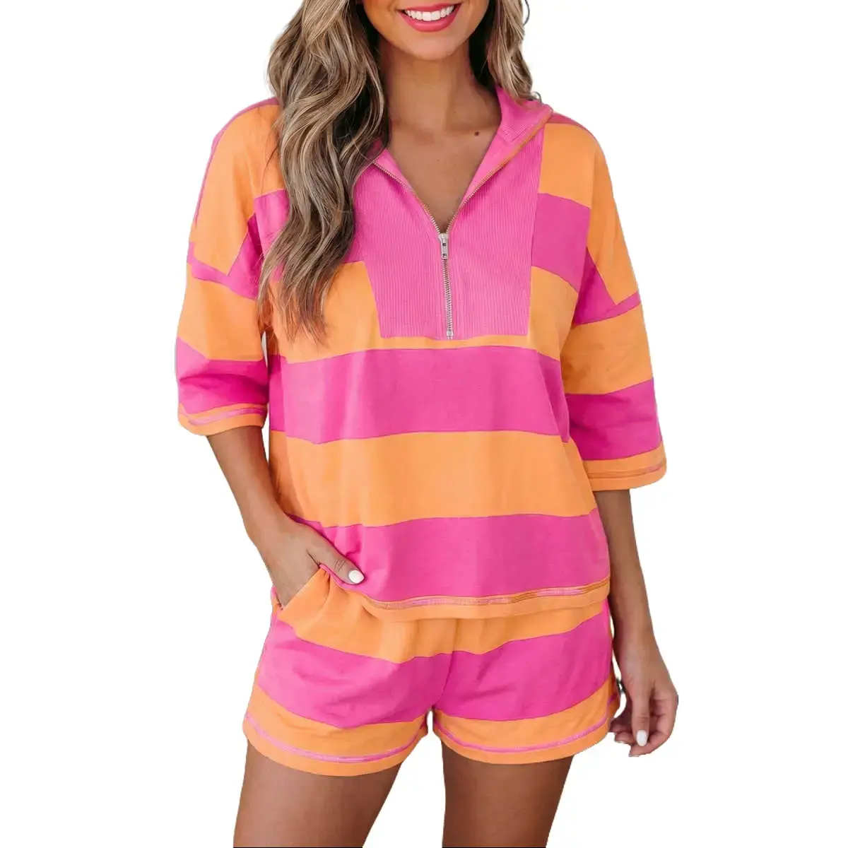 Women's Chic Comfy 2-Piece Matching Set, Elastic Striped Pink Seam Detail Half-Zip Tee & Casual Shorts, plus size S-XL,sets Fitted Outfit Sets Womenswear ,lightweight beach wear