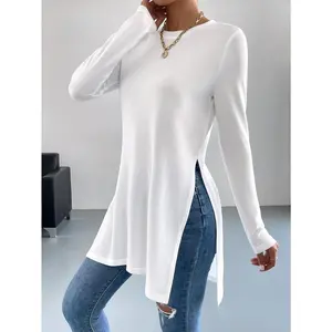 NewSide Split Long Sleeve T-shirt, Stylish Solid Color Crew Neck Top For Spring & Fall, Women's Clothing Casual Womenswear Tshirt Streetwear Can be used with raincoat
