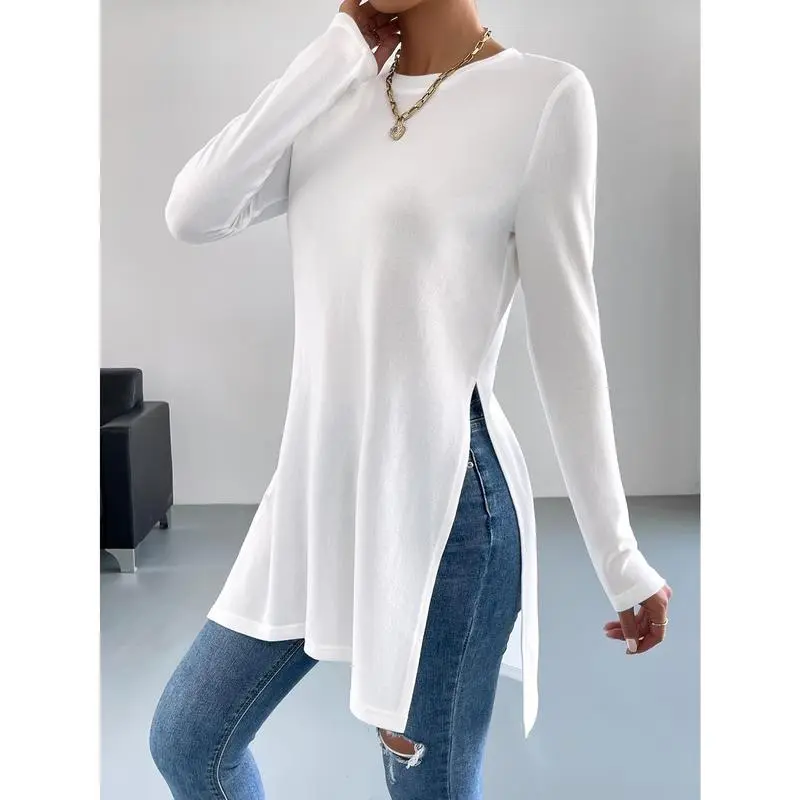 NewSide Split Long Sleeve T-shirt, Stylish Solid Color Crew Neck Top For Spring & Fall, Women's Clothing Casual Womenswear Tshirt Streetwear Can be used with raincoat
