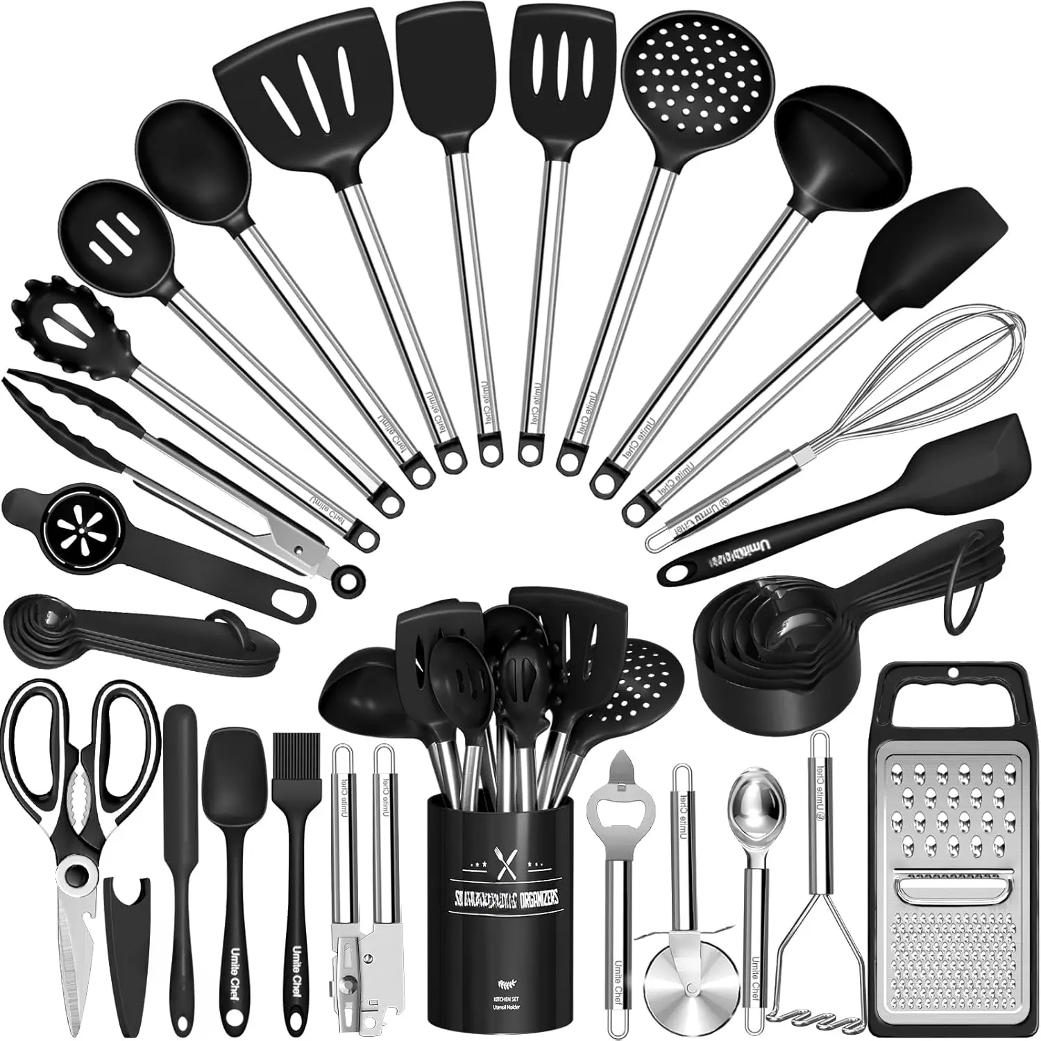 Kitchen Utensils Set- 34 count  Cooking Utensils Set for Nonstick Cookware- Spatulas Set, Stainless Steel Handle-Black Kitchen Gadgets Tools, Pots and Pans Accessories