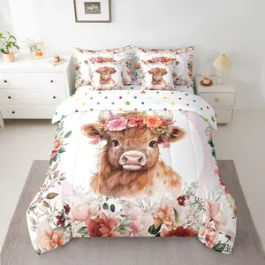 Cute Highland Cow Bedding Set,7 Pieces Cartoon Animal Comforter Set,Flower Floral Print Farm Zoo Garden Theme Bed in a Bag Breathable Soft Blanket, Bedsheet Sets