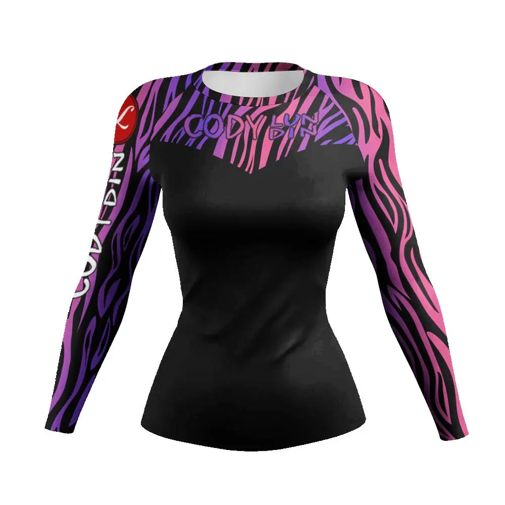 Female Rash Guard, Long Sleeve Sublimated Art Polyester Compression Top for Martial Arts, BJJ & MMA, Supports Improved Blood Flow