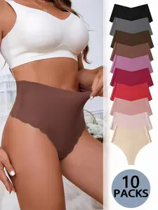10 pcs Simple High Waist Solid Seamless Scallop Trim Thongs, Soft & Comfy Stretchy Panties, Women's Lingerie & Underwear