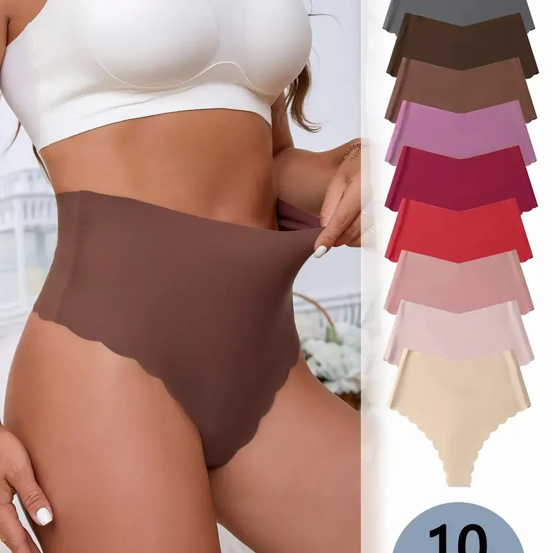 10 pcs Simple Basic High Waist Solid Seamless Scallop Trim Thongs, Soft & Comfy Stretchy Panties, Women's Lingerie & Underwear