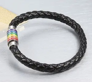 Titanium Stainless Steel Rainbow LGBT Pride Bracelet Handmade Braided LGBTQ Pride Bracelets PU Leather Weave Plaited Wristband Jewelry