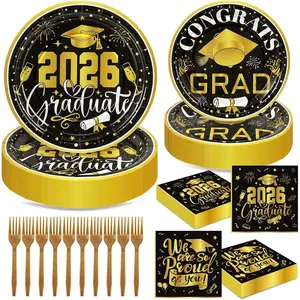 192Pcs 2026 Graduation Party Plates and Napkins for 48 Guests, Black and Gold Congrats Grad Party Supplies, Class of 2026 Disposable Paper Plates Napkins Set for Graduation Party Decorations
