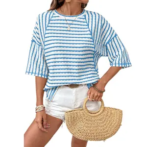 Striped Knit Top Half Sleeve Raglan Sleeve Textured Striped Casual Loose Fit Summer Top for Women