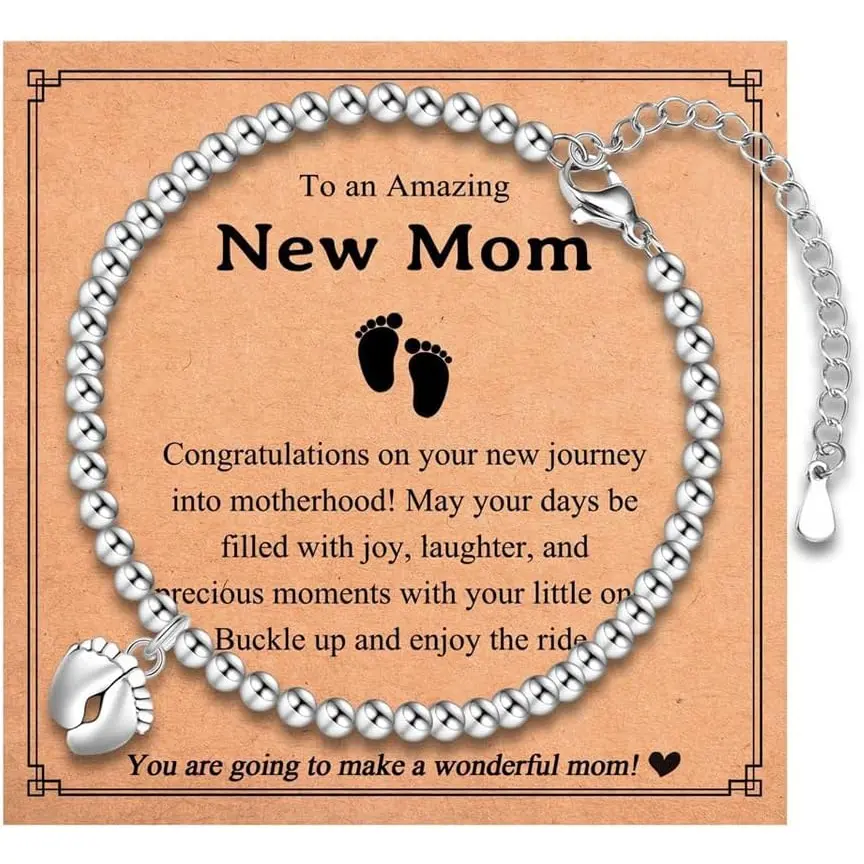 New Mom Gifts Bracelets for Women Mothers Day Birthday Gift for First Time Mom Gifts for Women Feet Charm Bracelet for New Mommy Pregnancy Gift Expecting Mother Silver Beaded Bracelets