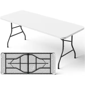 6ft Folding Table, Heavy Duty Plastic Card Table with Foldable Steel Legs, Metal Frame Support up to 600 lb, Portable for Indoor, Outdoor, Picnic, Camping, Dining, Party, White